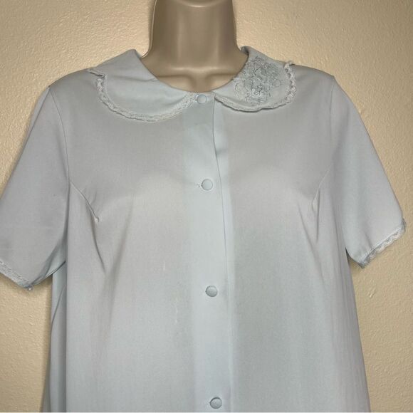 Vintage 80s Shadowline Pajama Top Light Blue Lace Trim Button Up Women Medium - Picture 3 of 13